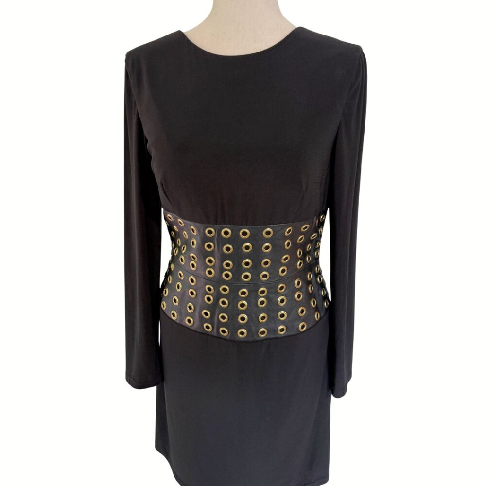 Jovani Faux Leather Long Sleeve Low Back Black Dress Size 10 Cocktail Mini Sexy - Picture 5 of 12